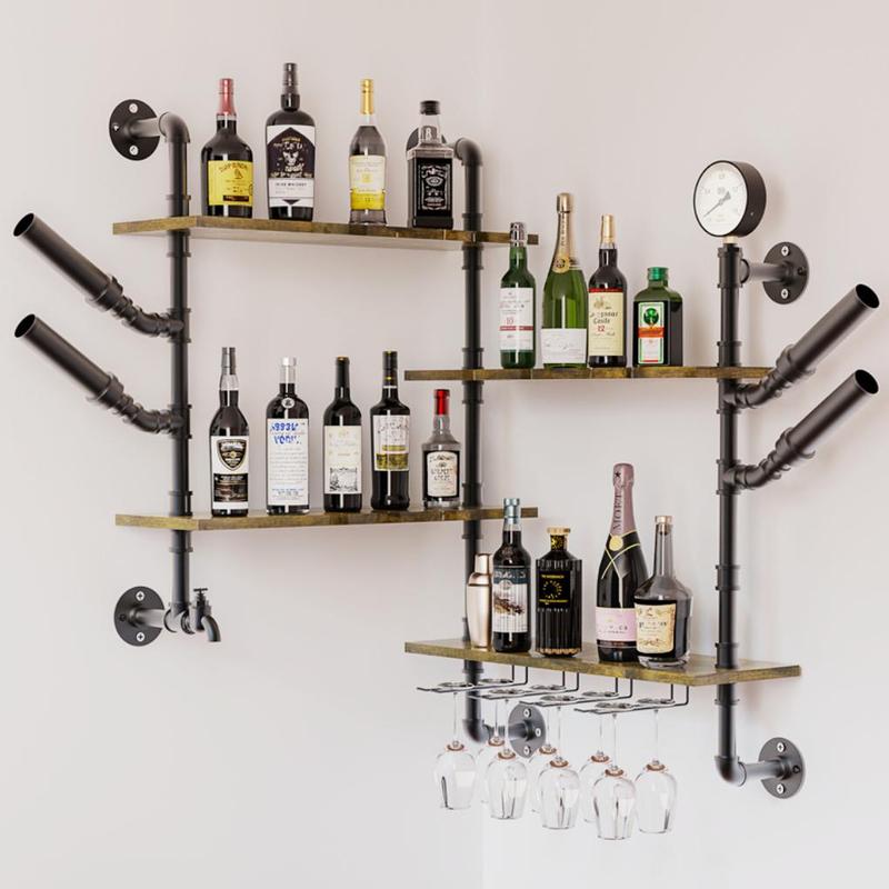 Pipe Bar Liquor Shelf, Floating Shelves with Wine Glass Holder, Wall Black Shelving Unit for Living Room and Kitchen 0