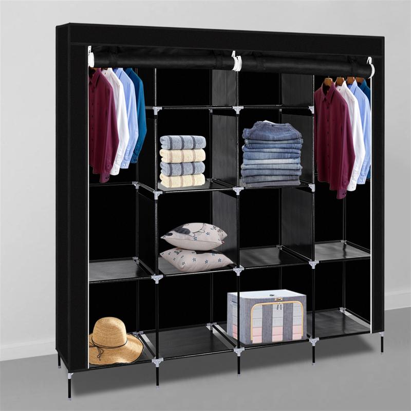 Hot Selling Item High-Capacity  12 Shelves Portable Wardrobe Clothes Storage Rack 4 Side Pockets Black 2