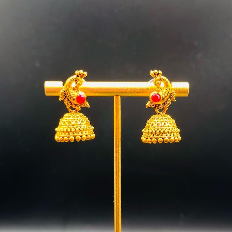 Traditional Gold-Plated Imitation Jhumka Earrings with Ruby Stone (Small) 1