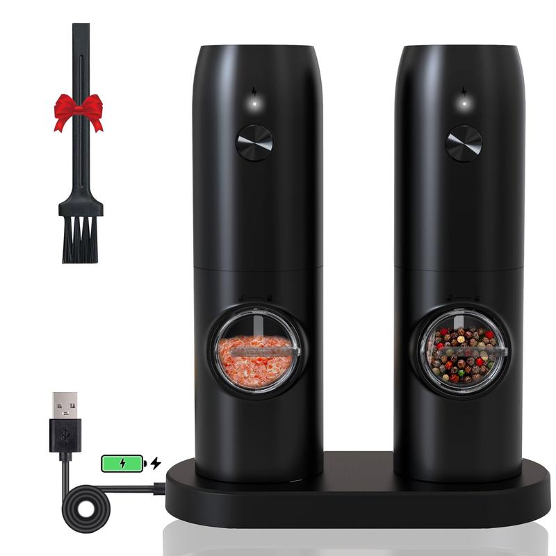 Rechargeable Electric Pepper and Salt Grinder Set, Automatic Pepper Grinder, with Charging Base, USB Cable, LED Light, Adjustable Coarseness, Single-Handed Automatic Operation, Black 2pcs 0