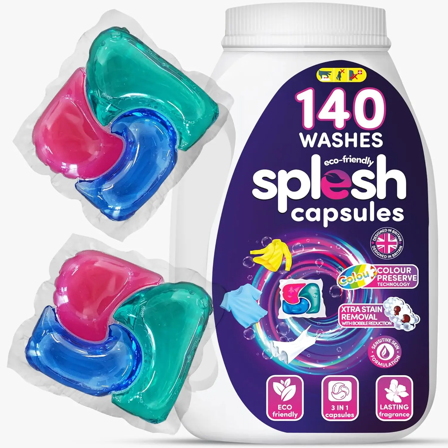 Splesh 3 in 1 Washing Liquid Laundry Detergent Capsules for sensitive skin – 140 washes, Colour Preserve Technology, Xtra Stain Removal pods with Integrated Fabric Softener Household Household Household Cleaning Comfortable