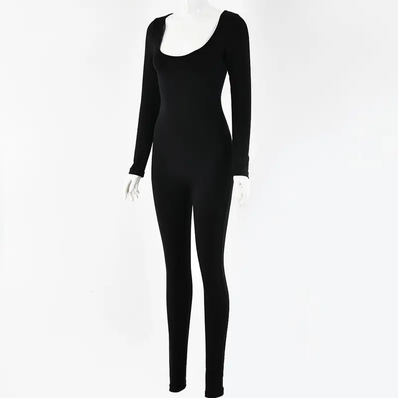 2024 Women's Basic Solid Long Sleeve Sports Jumpsuit, High Waist Square Neck Bodycon Jumpsuit For Yoga Gym Workout, Ladies Sportswear Clothing For All Seasons 5
