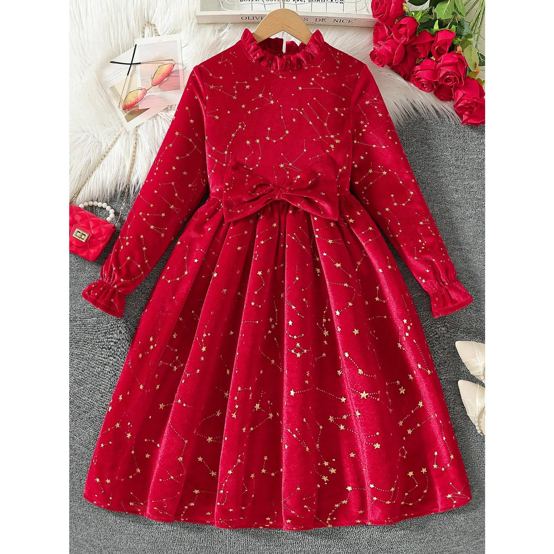 Glamorique Kids Tween Girls Autumn/Winter Stand Collar Ruffle Bow Decor Metallic Star Shiny Stage Dance Performance Formal Ball Red Dress With Elastic Waist Lantern Sleeve, Flattering And Unique Fabric, For Kid Christmas