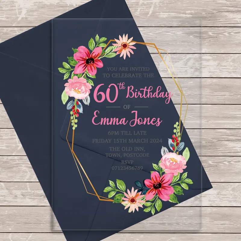 60th Or Any Age Party Pink Floral Frame Acrylic Clear Birthday Party Invitations - Special Invitations, Beskoke Invites, Custom Personalised Acrylic Invitations 0