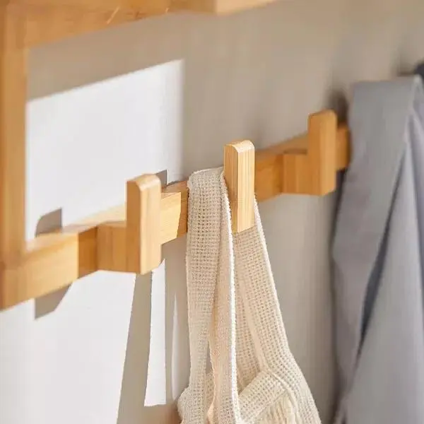 Bamboo 6 Hooks Clothes Towel Coat Hanger Wall Mounted With Display Storage Rack Hanging Shelves Decor Organiser Decorative Room Hangable 4