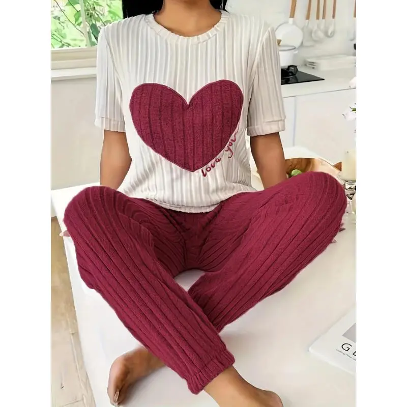 Plus Size Heart Fitted Long Sleeve And Long Pants Loungewear Set