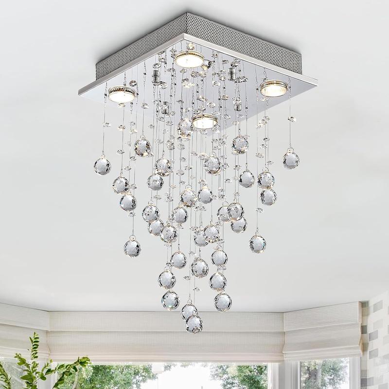 Modern Crystal Raindrop Chandelier, Flush Mount LED Ceiling Light for Dining Room, Bathroom, Bedroom, or Living Room, 4 GU10 LED Bulbs Required, Width 35cm, Height 50cm [Energy Class A+++] 0