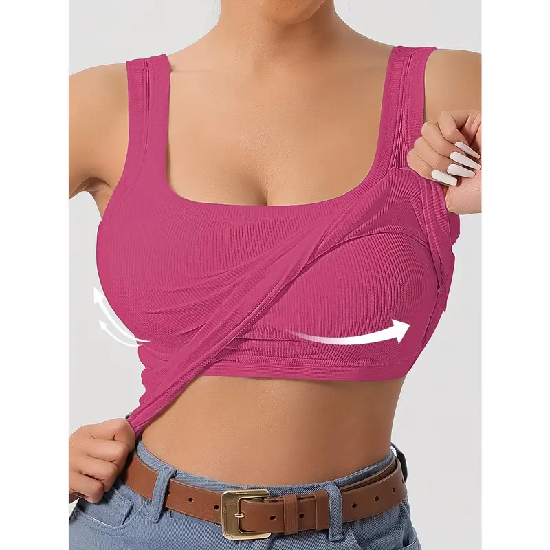 Solid Color Scoop Neck Tank Top, Casual Sleeveless Removable Chest Pad Slim Tank Top For Summer, Women's Clothing 5