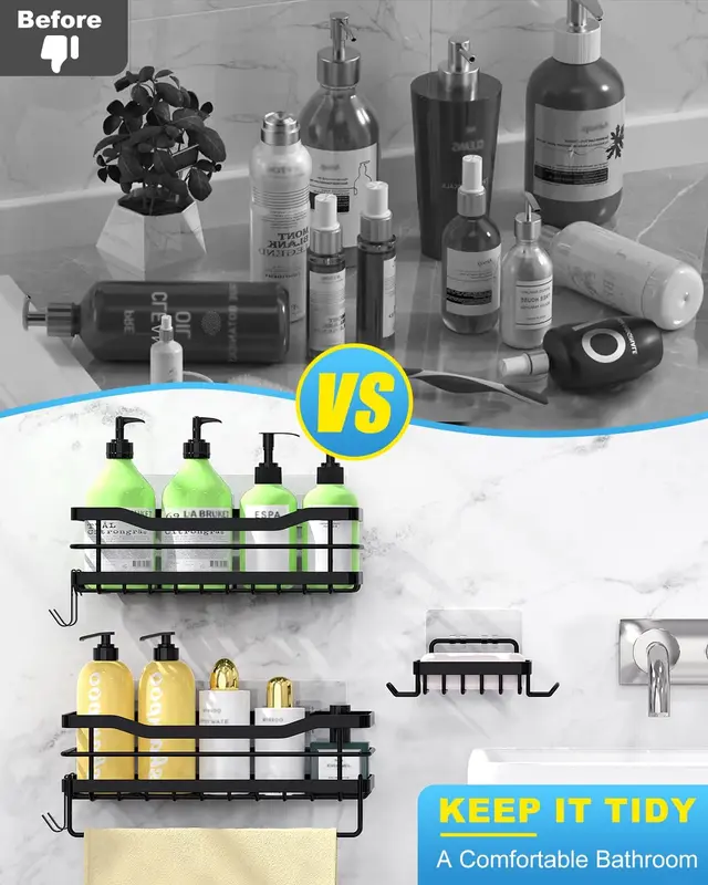 Shower Caddy Shelf Storage Bathroom Organiser Shelves No Drill with Soap Holder, Black Stainless Steel Adhesive Shower Rack Accessories with 4 Hooks for Bathroom Kitchen Organization 2+1 Pack 1