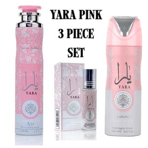 Yara Pink 3 piece set | 300ml Air Freshener, 200ml Body Spray, 10ml Perfume Oil | Women Arabic Perfume Arabian Fragrance Ladies Scents Arab Dubai Room Home scent Gift Present Aroma
