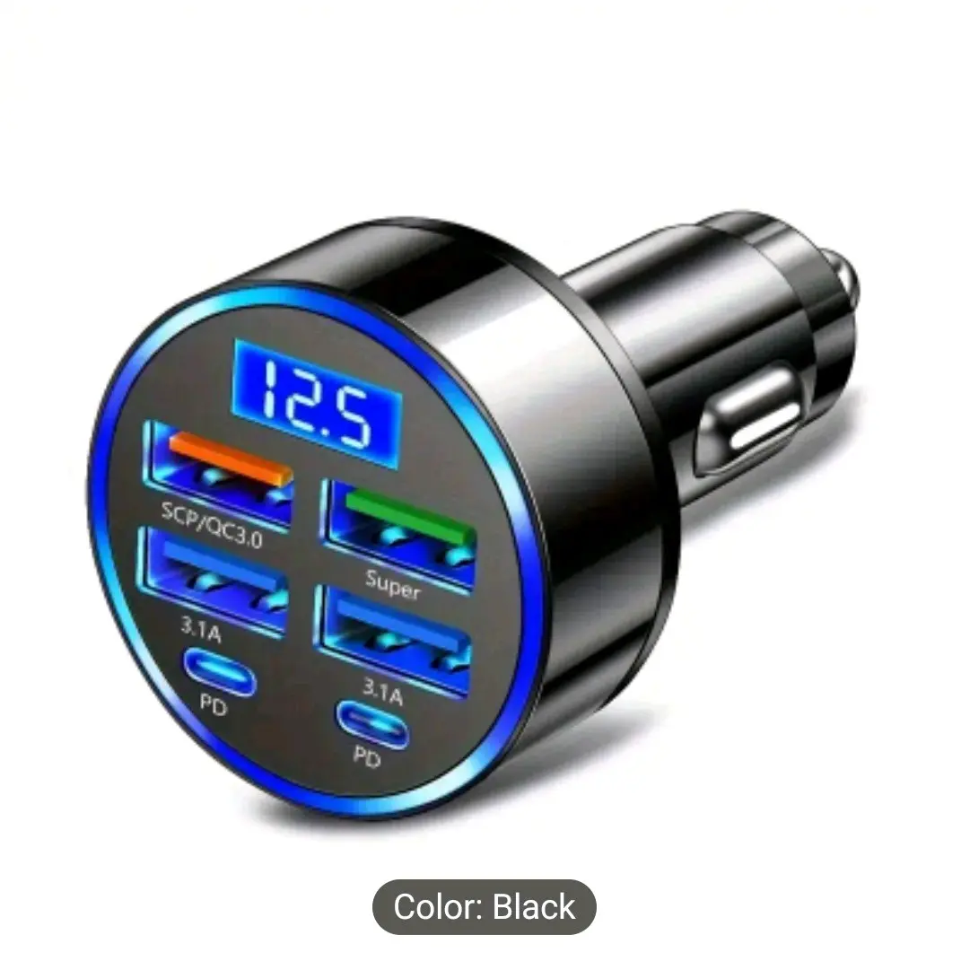Multi-function Super Fast Charger Car Charger One Pull Six Charging Digital Display Pressure Test Mobile Phone Charging Conversion Plug 12-24V Universal for Cars and Trucks