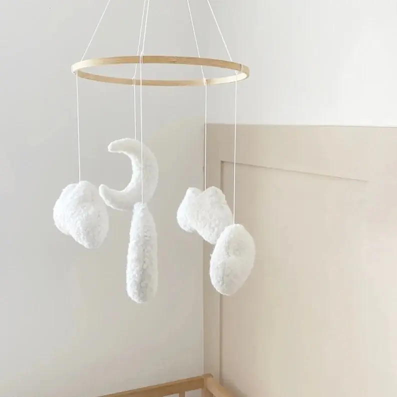 Moon and Cloud Boucle Cot Mobile - Wooden Hanging Ornament for Baby Room Decor