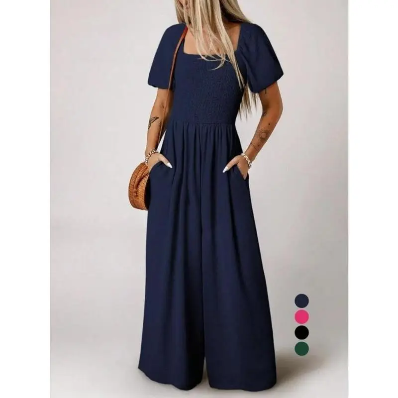 【2025】Women's Plain Puff Sleeve Pocket Shirred Wide Leg Jumpsuit, Jumpsuit for Women, Casual Short Sleeve Square Neck High Waist Jumpsuit for Summer, Ladies Clothes for Daily Wear