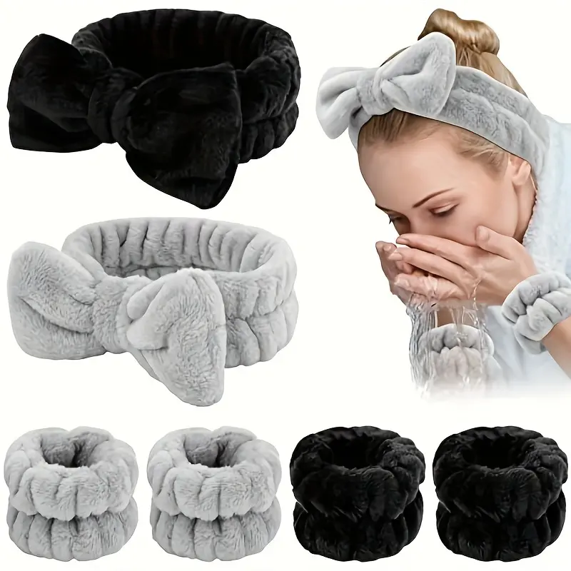 3pcs/Set Face Washing Wristbands, Bowknot Headband Wristbans, Bath Accessories for Washing Face Skincare Spa Wear, Solid Fuzzy Bath Wrist Band, Wrist Spa Washband for Women & Girls, Bathroom Accessories,  Gift Ideas