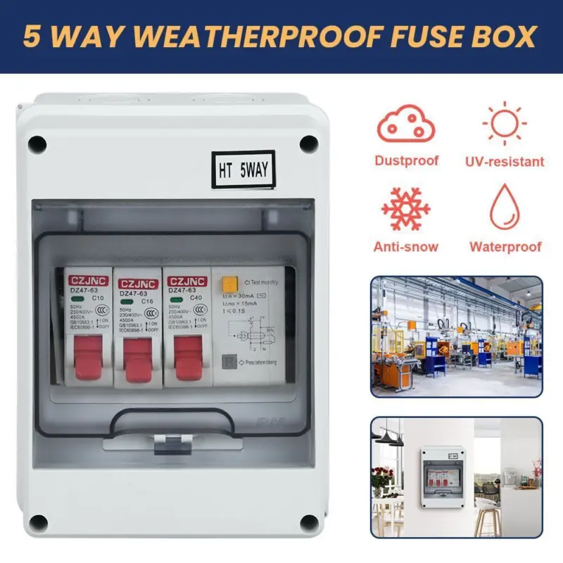 5 Way Garage Shed Camper Van Caravan Consumer Unit Fuse Box with RCD and 2 x MCB 4