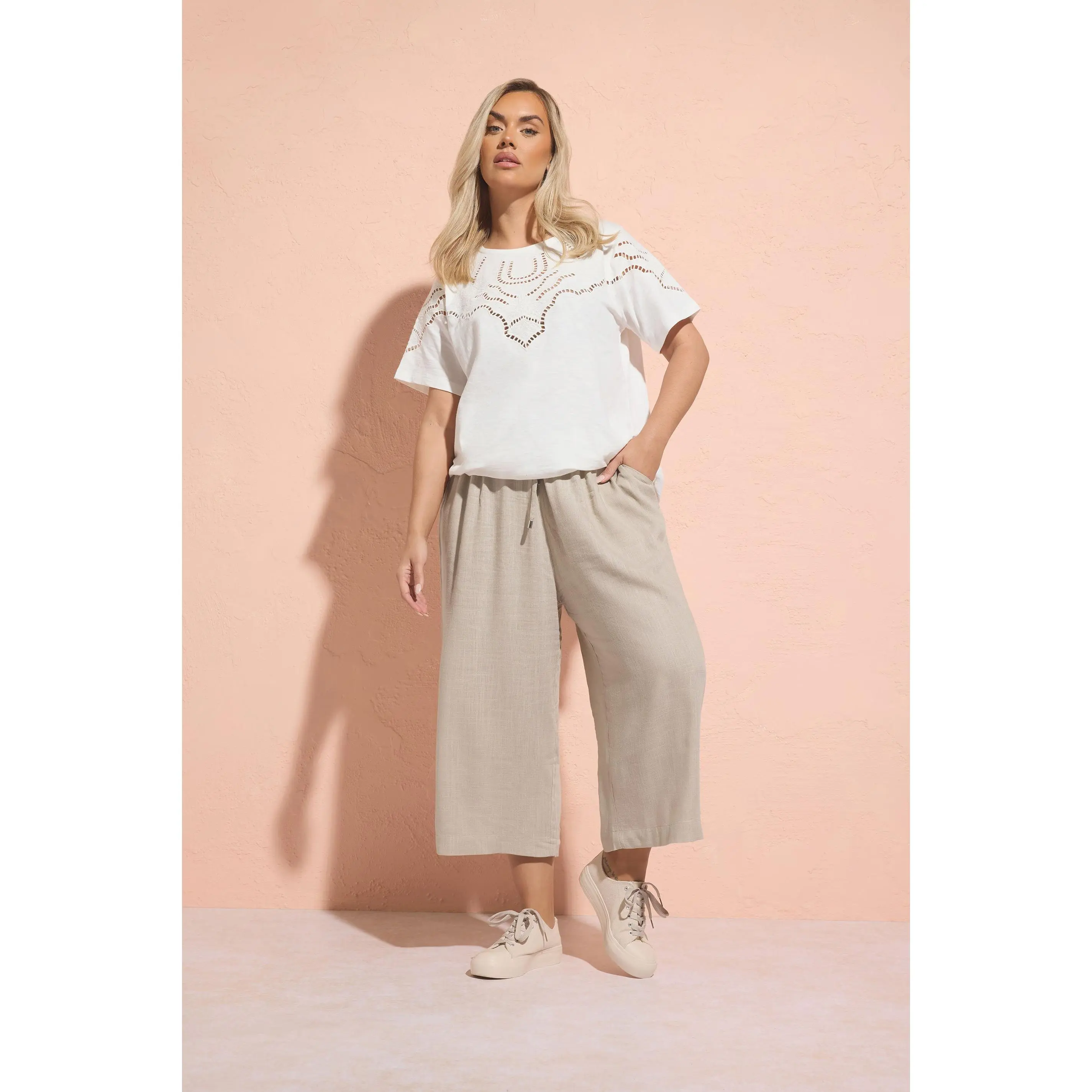 YOURS Curve Natural Brown Wide Leg Ankle Grazer Linen Trousers