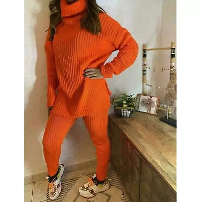 Ladies Chunky Knitted Loungewear Ladies Polo High Neck Top Leggings Suit Womenswear Overalls Underwear Lady Women Comfort Basic Long Sleeve Minimalist Chic Comfortable 4