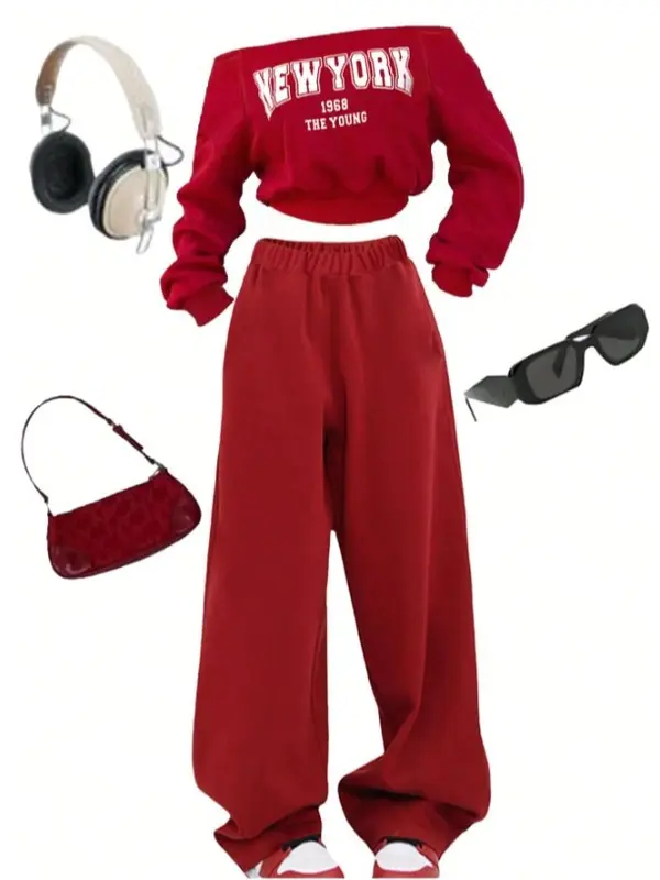 Kids 2pcs/Set Teenage Girls Casual Off-Shoulder Sweatshirt And Sweatpants Set 8