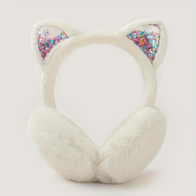 Cute Cat Ear Earmuffs for Women - Foldable Winter Ear Warmers, Sparkle Sequin Design, Solid Color, Polyester, Suitable for Ages 15+ 4