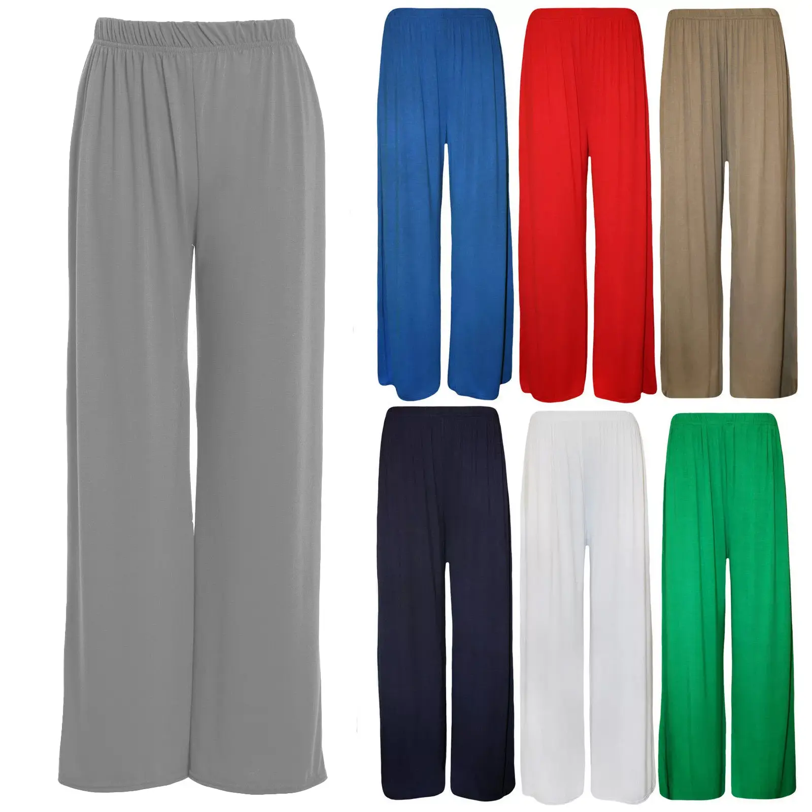 Ladies Palazzo Wide Leg Flared Elasticated Stretch Plus Size Plain Trousers