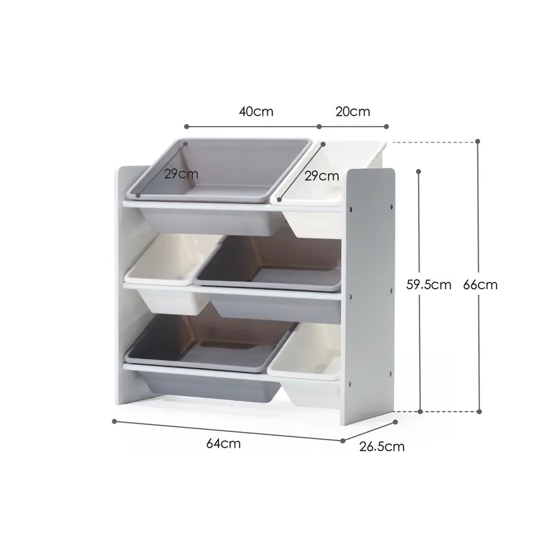 Kids Wooden Toy Storage Shlef with 6 Removable Plastic Bins - White Organiser Racks for Kids Play Room, Storage Shelf 4