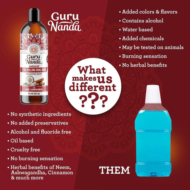 GURUNANDA COCONUT & CINNAMON OIL PULLING WITH NEEM & ASHWAGANDHA - 8 FL OZ (INCLUDES FREE TONGUE SCRAPER AND TOOTHBRUSH) 1