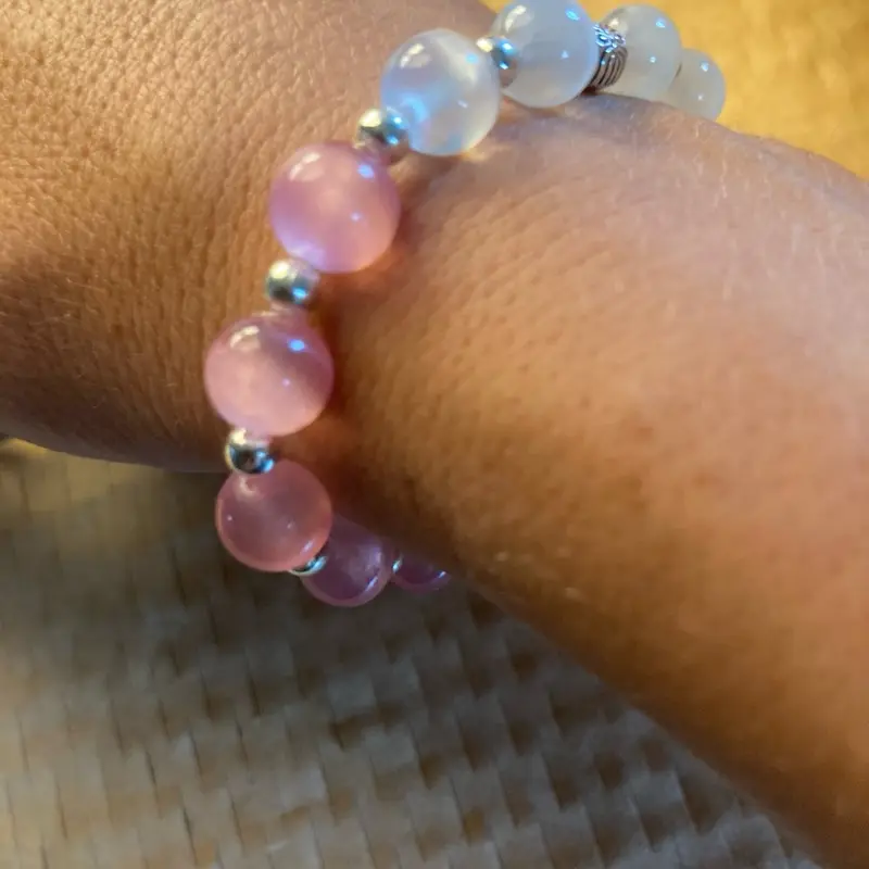 Pretty pink & moon shine light blue selenite crystal bracelet, homemade with love, size to fit all! 3