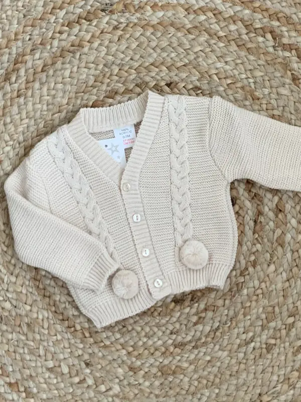 RILEY BABY BOYS CABLE KNIT POM POM CARDIGAN WHITE BEIGE NAVY BABY BLUE GREY 4