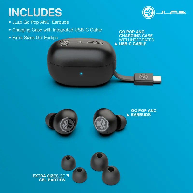 JLab Go Pop Active Noise Cancelling Earbuds, 24+ Hour Playtime, True Wireless, Be Aware Mode, Custom Touch Controls, IP55, 3 Sets Gel Tips, Android/iOS, Bluetooth 6