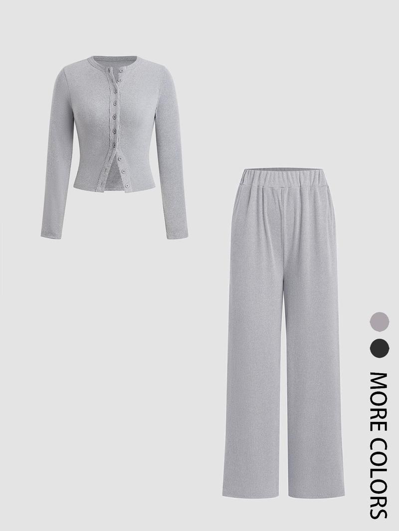 Product Introduction of Two-piece Set Women's Solid Button Front Ribbed Crop Top & Elastic Waist Pants, Casual Long Sleeve Round Neck Top & Trousers 2 Piece Set for Spring & Fall, Women's Clothes for Daily Wear, Sassyandclassyclothing 7