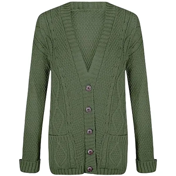 Womens Long Sleeve Chunky Cable Knitted Grandad Cardigan Girls Button Up Pocket Cardigan 4