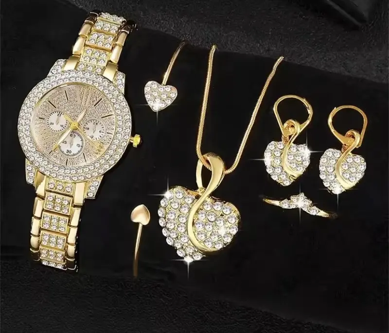 Product Introduction of Women's Quartz Watch Gold Luxury Women Ring Necklace Earring Rhinestone Fashion Wristwatch Casual Ladies Watches Jewelry Set 1