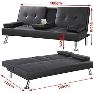 Product Introduction of Yaheetech Click Clack Sofa Bed Faux Leather 3 Seater Sofa Couch Living Room/Spare Room/Guest Room Bed Settee With Cup Holders Black 13
