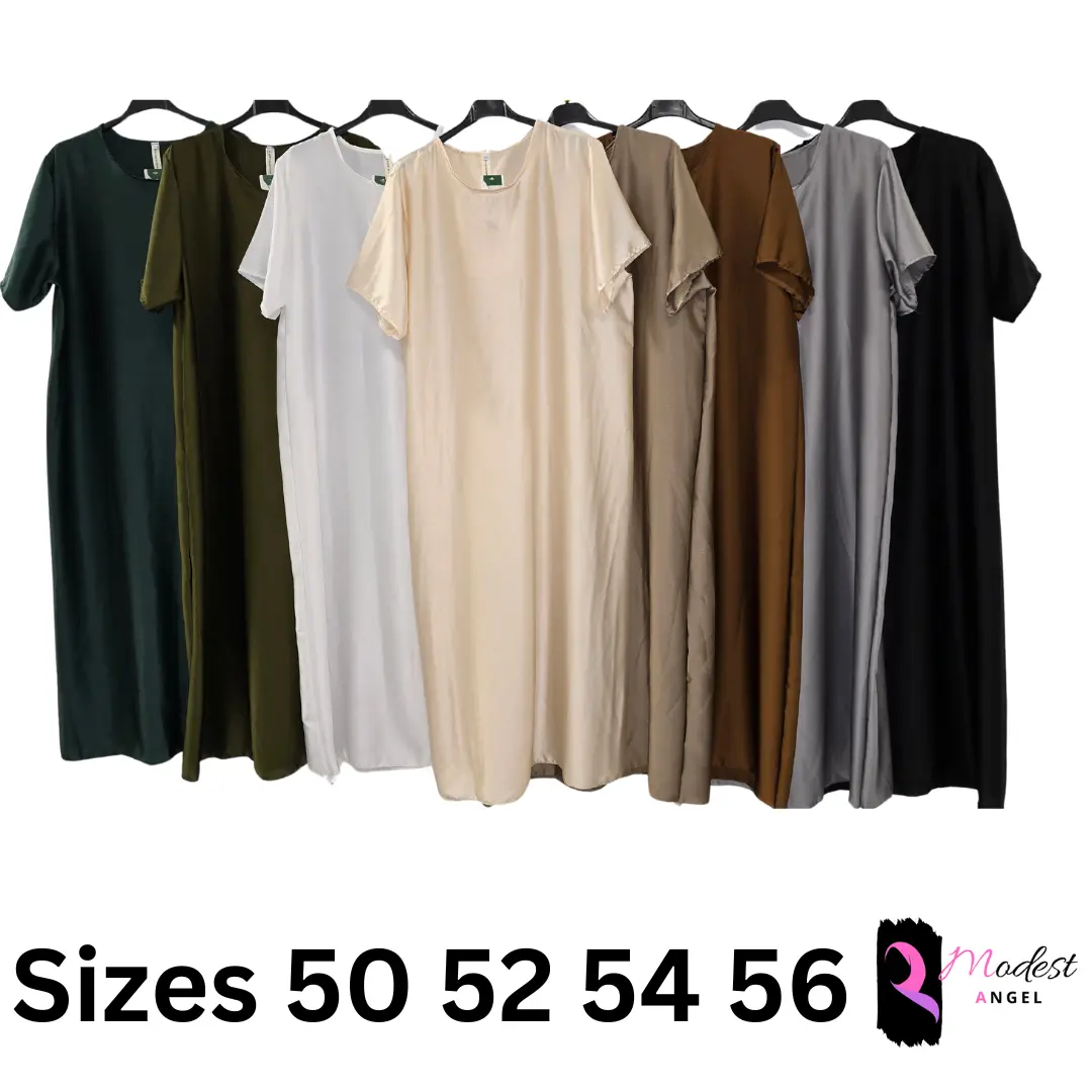 satin slip dress with short sleeves maxi 4 sizes 50 52 54 56 satin 8 colours white black deep olive green caramel sand brown champagne grey bottle green modest hajj umrah full length crew neck prayer dress fashion Solid Casual Comfort Fit Islamic Loose