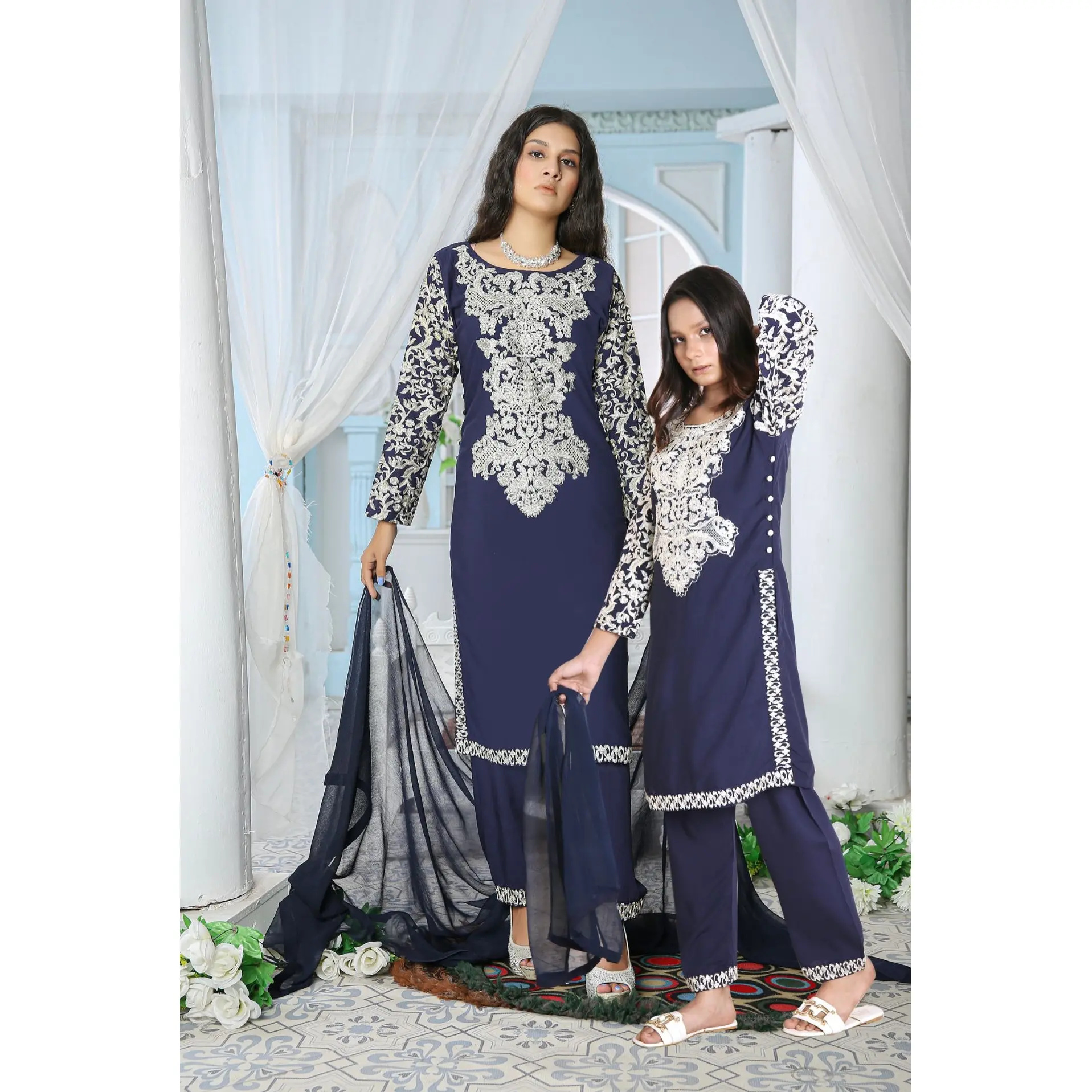 Embroidered Readymade Linen Mother & Daughter Suit Blue TS-086
