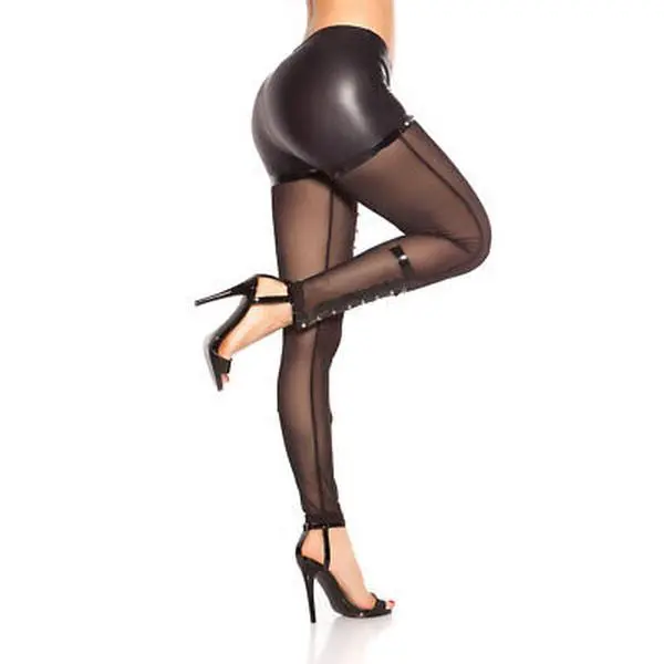 Leather Look Leggings With Mesh Studs Rivets Wetlook KouCla - Black