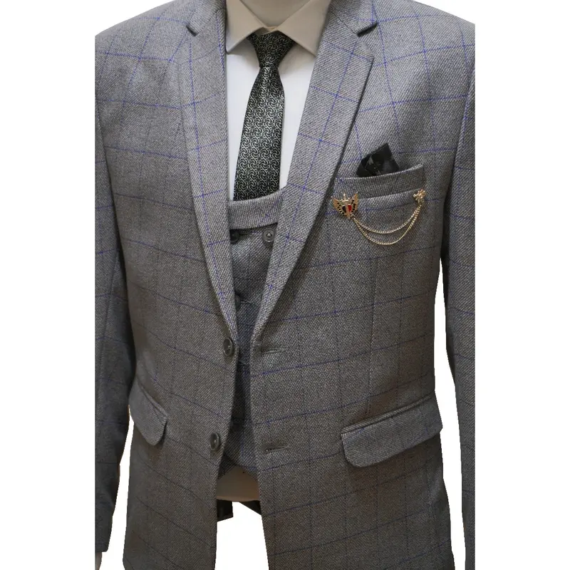 Men's Tweed Grey Check 3 Piece Suit - Wool Jacket, Waistcoat, Trousers & Tie 6