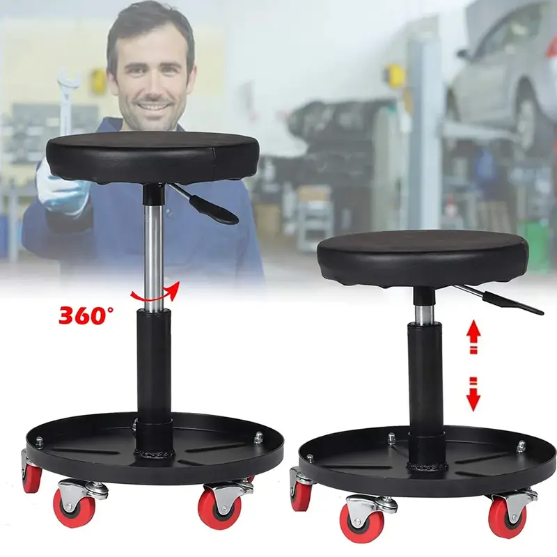 Workshop Creeper Stool Seat Pneumatic Mechanic Round Car Bike Garage Black Chair Workshop Stool Mechanic Stool  Workshop Stool Pneumatic Chair Trolley Seat Adjustable Car Repair Stool with Tool Tray for Garage Shop Car Repair 2