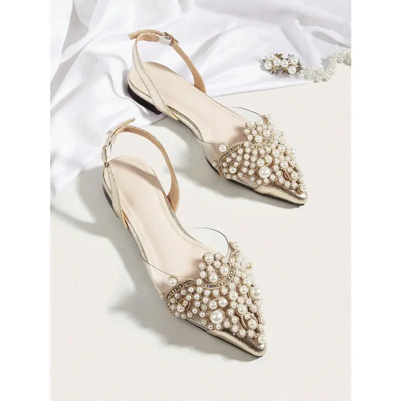 Women Faux Pearl Decor Point Toe Slingback Flats, Fashion Outdoor Flats Footwear Walking Shoes 0
