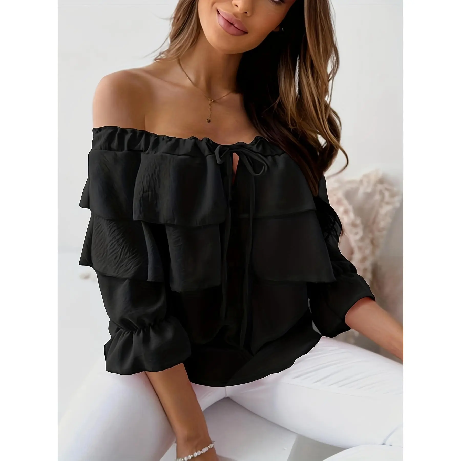 Women's Off-Shoulder Ruffle Sleeve Blouse - Casual Loose Fit, Mid-Sleeve Chiffon Top with Tiered Ruffle Detail, Elastic Shoulder Tie, Solid White, Perfect for Vacation or Casual Attire, Versatile Seasonal Top | Relaxed Fit Shirt | Polyester Chiffon Fabric