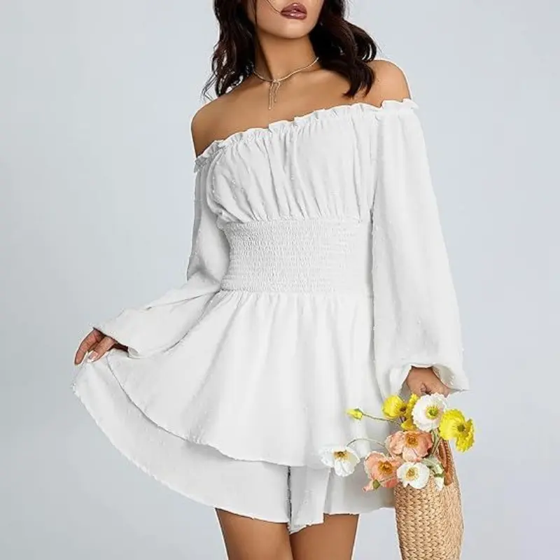 Valentine's Day Women's Chic Swiss Dot Frill Trim Shirred Bishop Sleeve Romper, Galentine Party Outfit, Elegant Valentine's Day Style Square Neck Romper for Spring & Fall, Valentine's Day Outfit, Valentine's Day Gift for Girlfriend or Wife 0