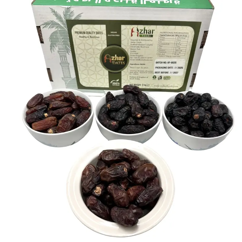 Fresh Premium Azhar Dates from Madinah  | 4 Varieties in 3KG Box – Ajwa, Safawi, Mabroom & Khudri | 100% Natural & Organic 4