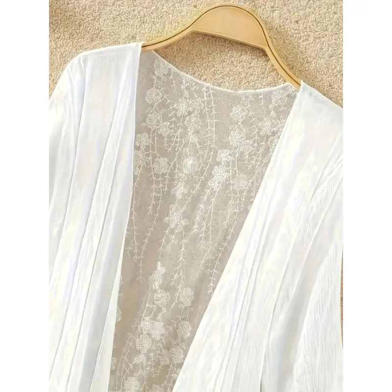 1pc, Women's Casual Style Cardigan, Mid-length Lace Stitching, Long Sleeves V Neck Sheer Cover Up Shirt, Beach Vacation 4