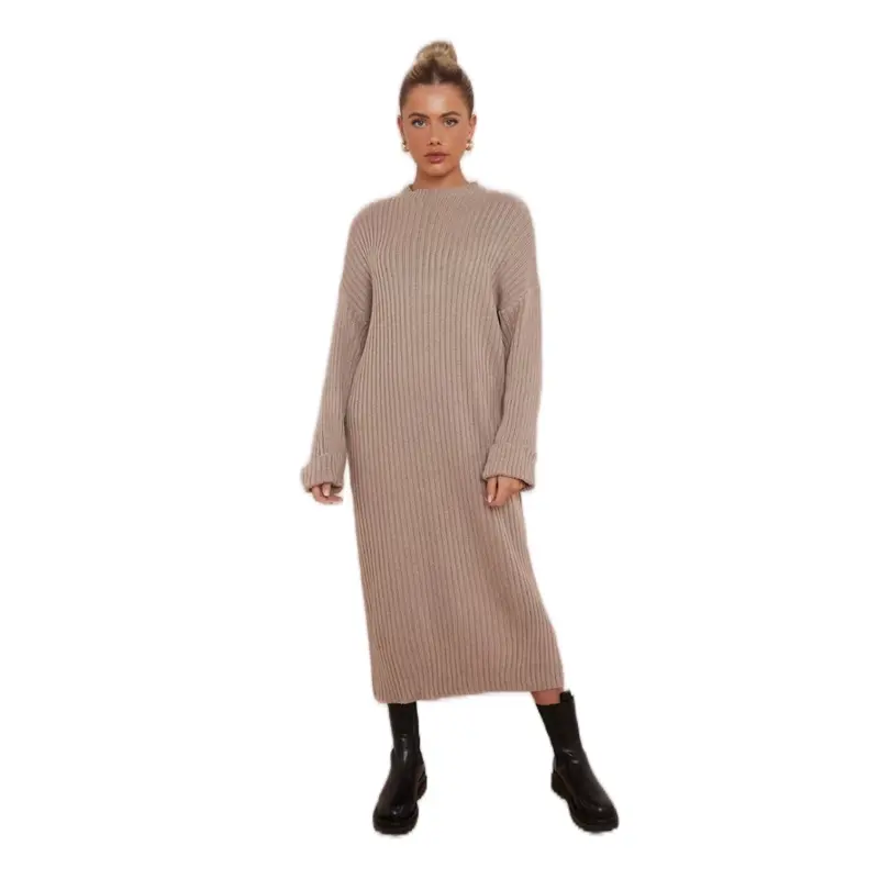 Women's Long Cozy Knit Dress with Turn Up Sleeves - Casual Maxi Dress for Curvy Jumper - Womenswear Winter Comfortable Elegant Evening 3