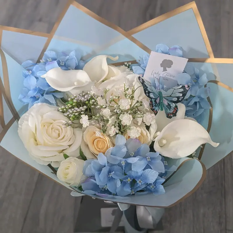 Blue Silk Flowers Handtied Bouquet Gift 4