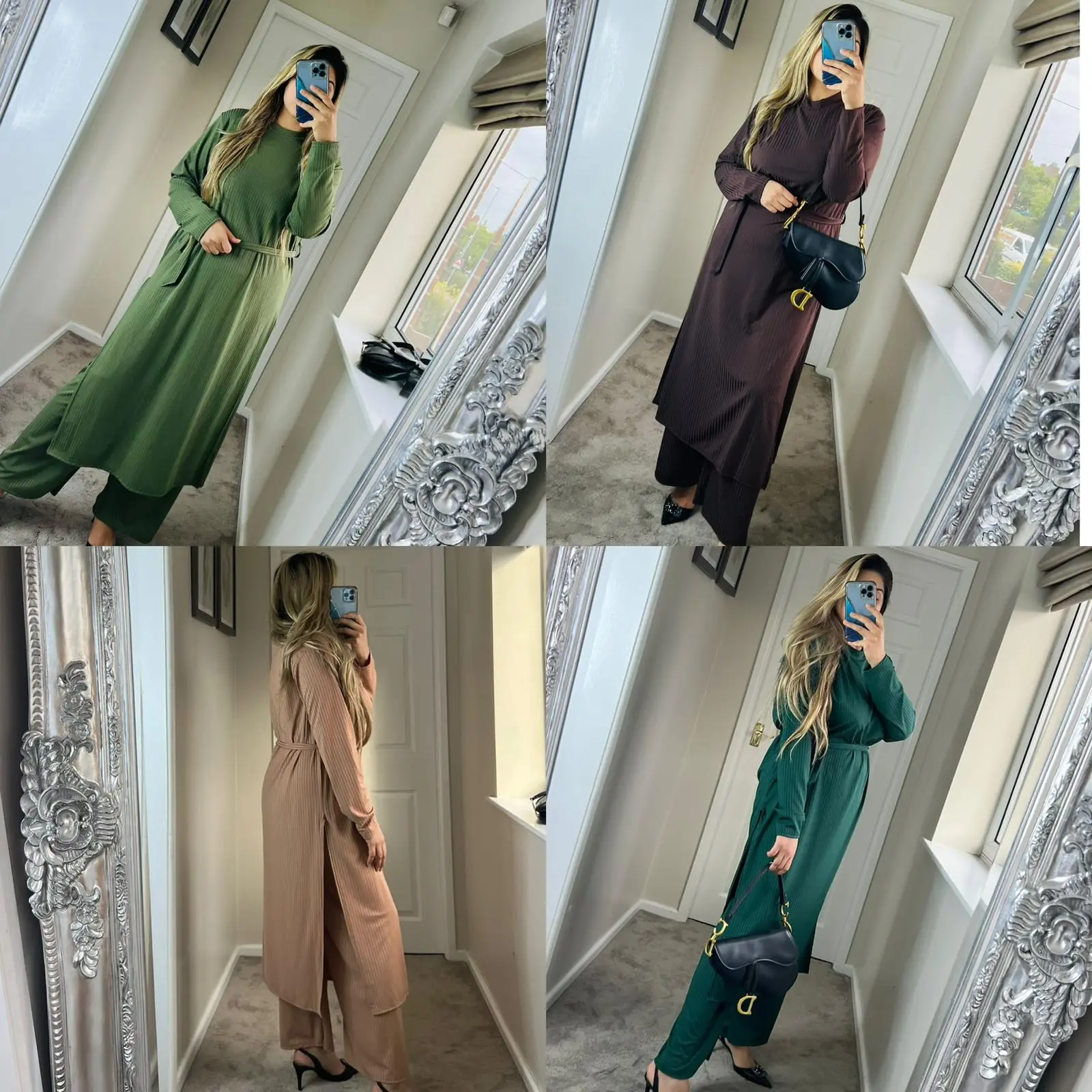 Women's Ladies Two pieces Co Ord Ribbed Long Length Side Slit Shirt With Trouser Modesty
