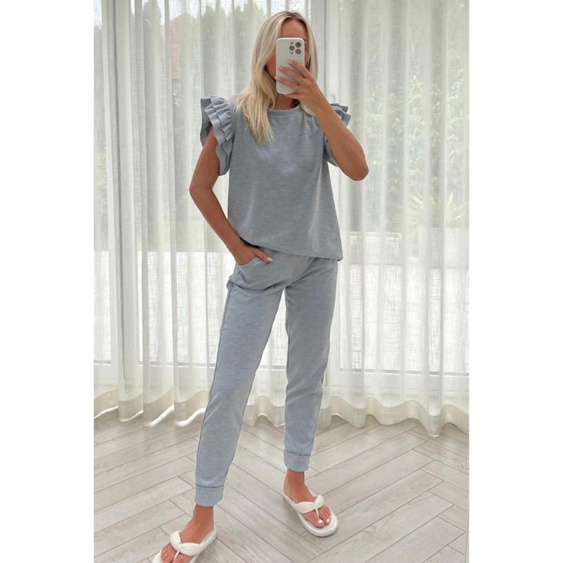 Womens Frill Peplum Sleeve Top Bottom Lounge Wear Set Shortsleeve Short 2