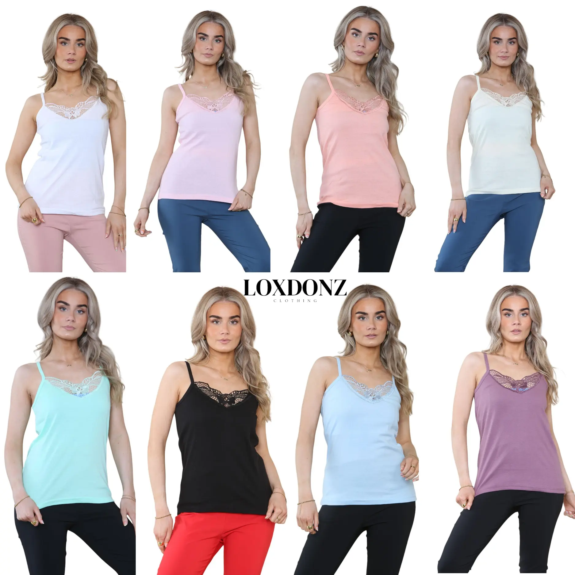 Loxdonz Women's Plain Cotton Vest Top Embroidered Lace Trim Cami Strappy Camisole Womenswear Tube Comfort Basic Casual