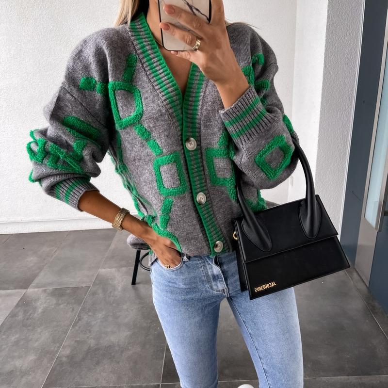 Women's Colorblock Contrast Binding Button Front Cardigan, Casual Drop Shoulder Long Sleeve V Neck Cardigan Sweater for Winter  & Fall, Ladies Knitwear for DailyWear, Workwear, Preppy 80s Clothes 6