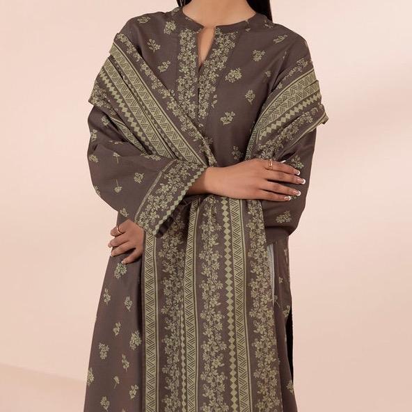 Original Sapphire 3pc tailor stitched lawn outfit: brown printed lawn shirt, cambric trouser and voile dupatta 2